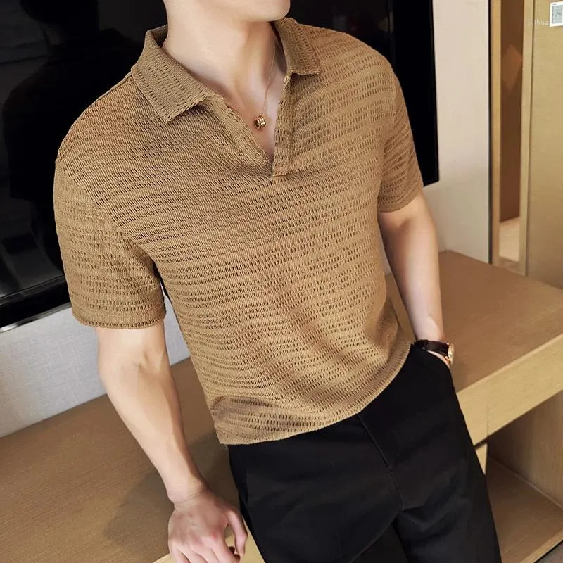 Polos للرجال رائع V-Neck Hollow Design Cool Knit Pullover الأنيق النحيف الصلبة القلبي القصيرة لألبوم الشوارع الرجالي