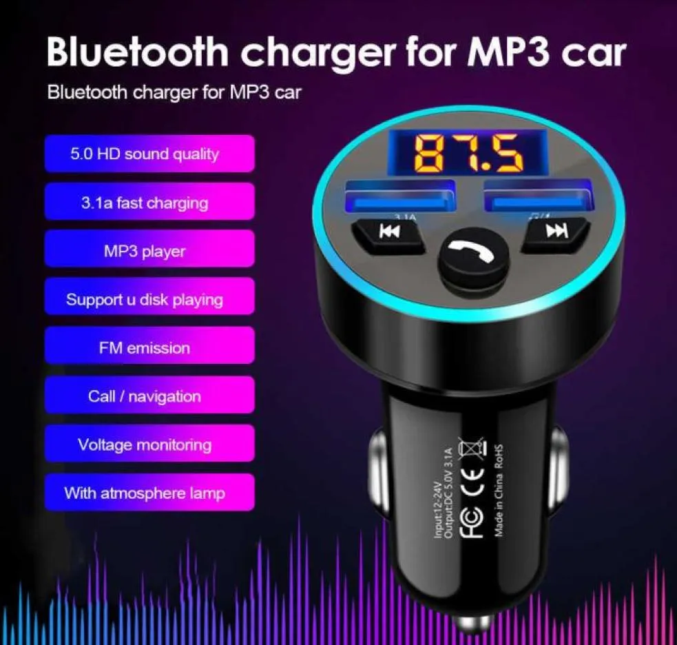 Bluetooth 50 QC 30 31A Quick Charge TF CardUDiskMP3 Player Phone Accessories FM Transmitter Car Charger LED Light Ring9675373