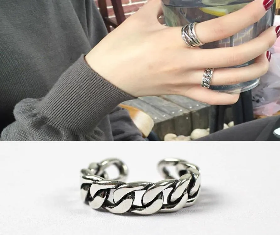 ROCKART 100 925 Sterling Silver Personalized Flat Thick Chain Open Ring for Women Adjustable Fashion Jewelry Korean Designer6997801