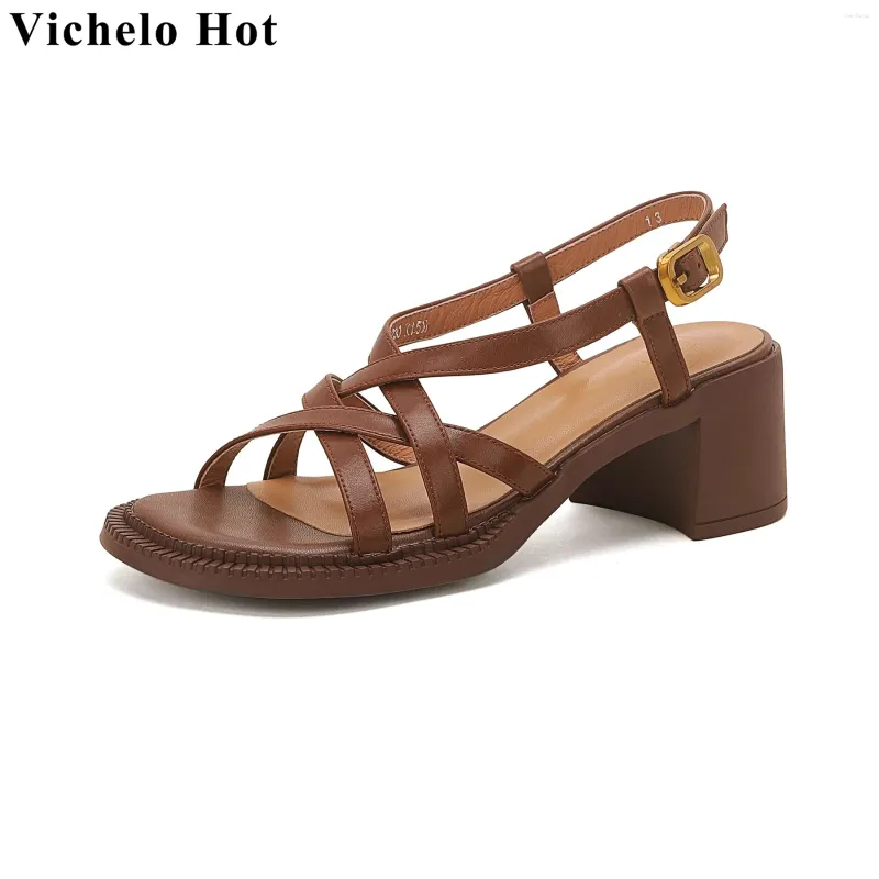 Dress Shoes Vichelo Cow Leather Peep Toe Gladiator Chunky High Heels Summer Big Size Office Lady Vintage Party Women Sandals