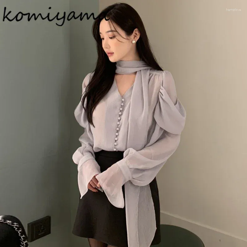 Camicette da donna a V caglie a nastro a collo in accumulare busas maniche mujer a petto single camisas eleganti vestiti coreani ropa