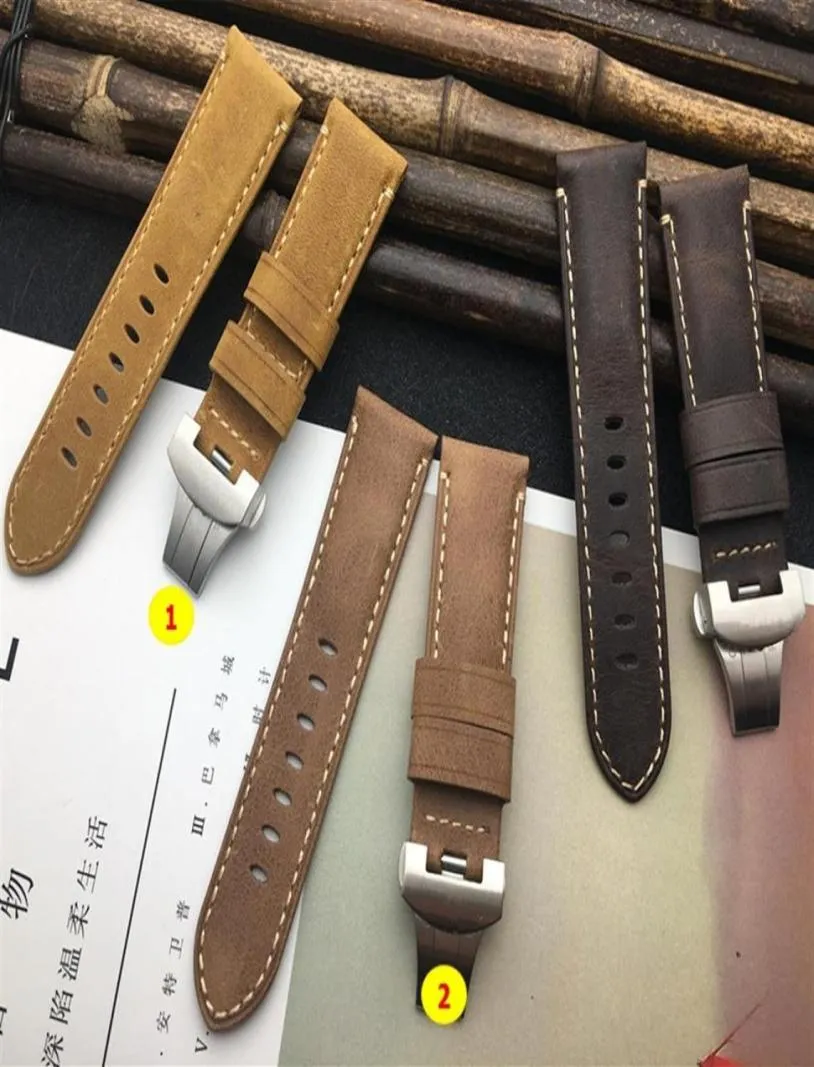 Retro Crazy Horse Real Leather Brown 24mm Watchband för rem för PAM441 Armband Butterfly Buckle Watch Band Tools296n1727644
