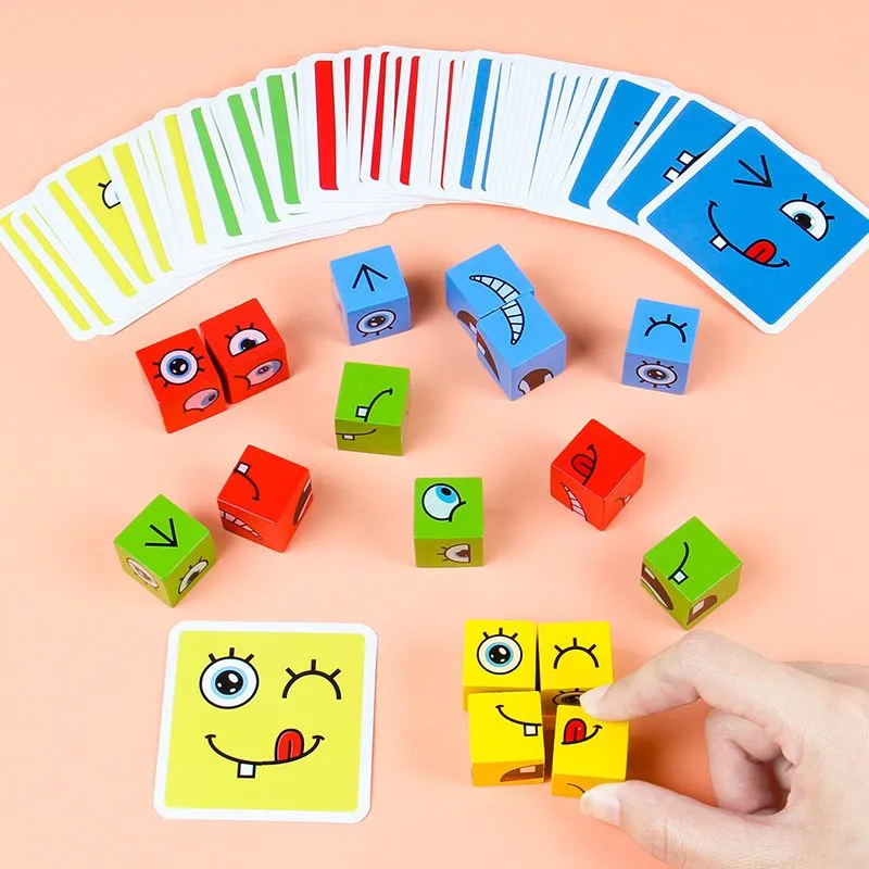 木製の感覚顔の変化ビルディングブロックマジックキューブ表現パズルパターンマッチングゲーム思考トレーニングおもちゃでアイアンボックス