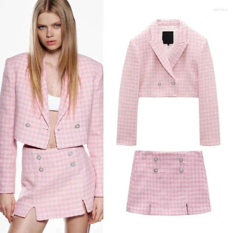 Jackets femininos CULOTTES Pink Houndstooth Texture Casual Fashion Set