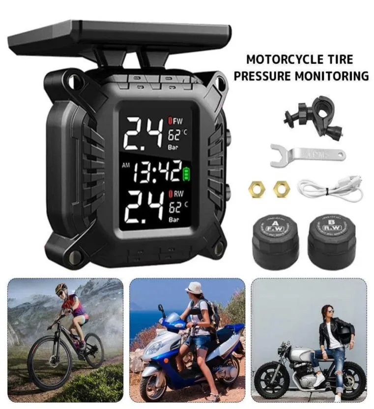 TPMS Motorcycles Monitorowanie ciśnienia opon z 2 czujnikami Wyświetlacz LCD Automatyczne system alarmowy bezprzewodowy solar Tester 3874249