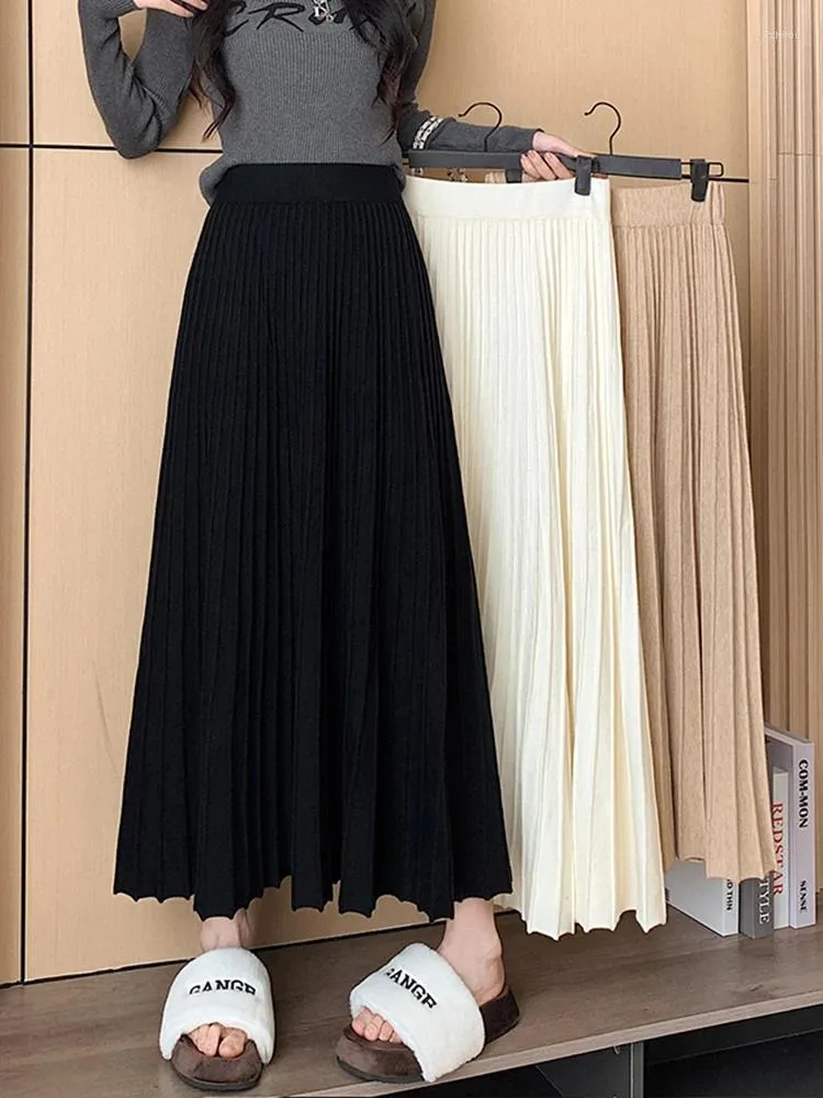 Skirts SURMIITRO Women Knitted Maxi Skirt 2024 Autumn Winter Thick Warm All-match Solid A Line High Waist Pleated Long Female