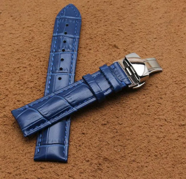 Banda de couro de couro de gola Strap Strap Silver Aço inoxidável Metal Buckle Butterfly Implanting Bandas de vigia azul para homens 14 16 18mm 27882339