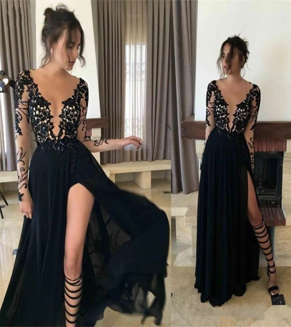 Nouvelle arrivée des robes de bal sexy à manches longues en dentelle applique plongeant décolleté cocktail robes de soirée côté partage de mousseline de mousseline de f7768335