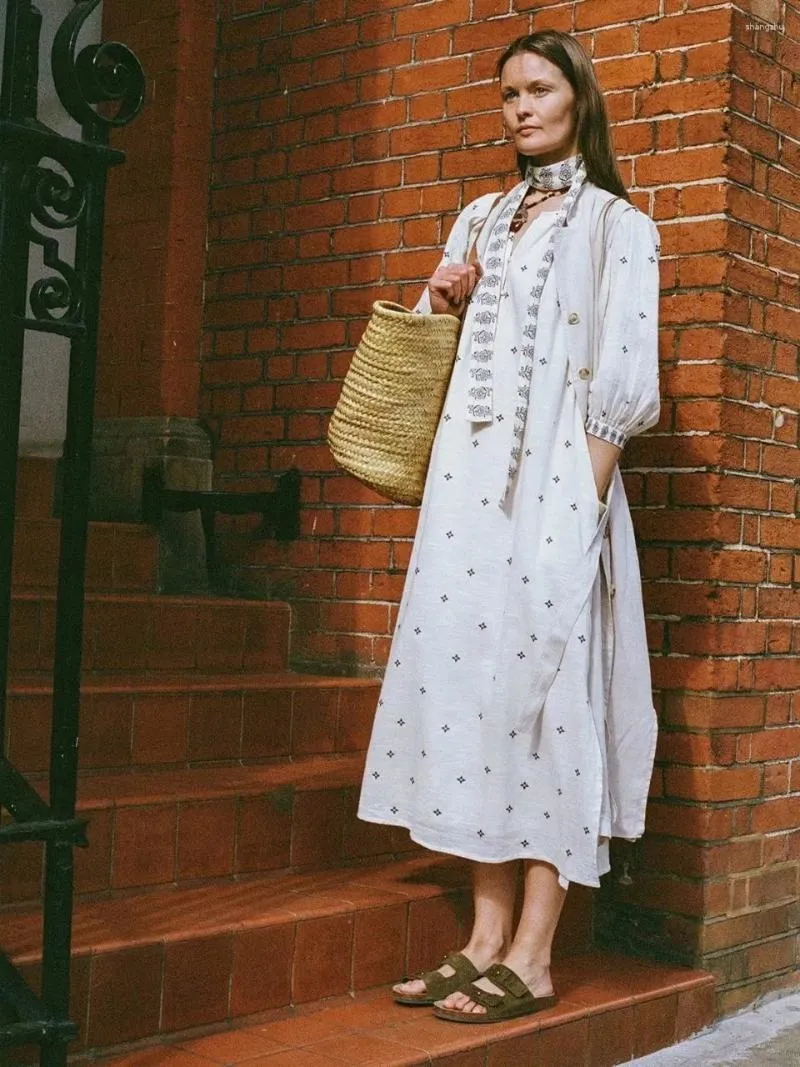 Casual Dresses Spring Boho Dress Round Neck Button Up Brodery Midi Mujer Lantern Sleeve Flower Hippie Vestidos Etnic Long Robes