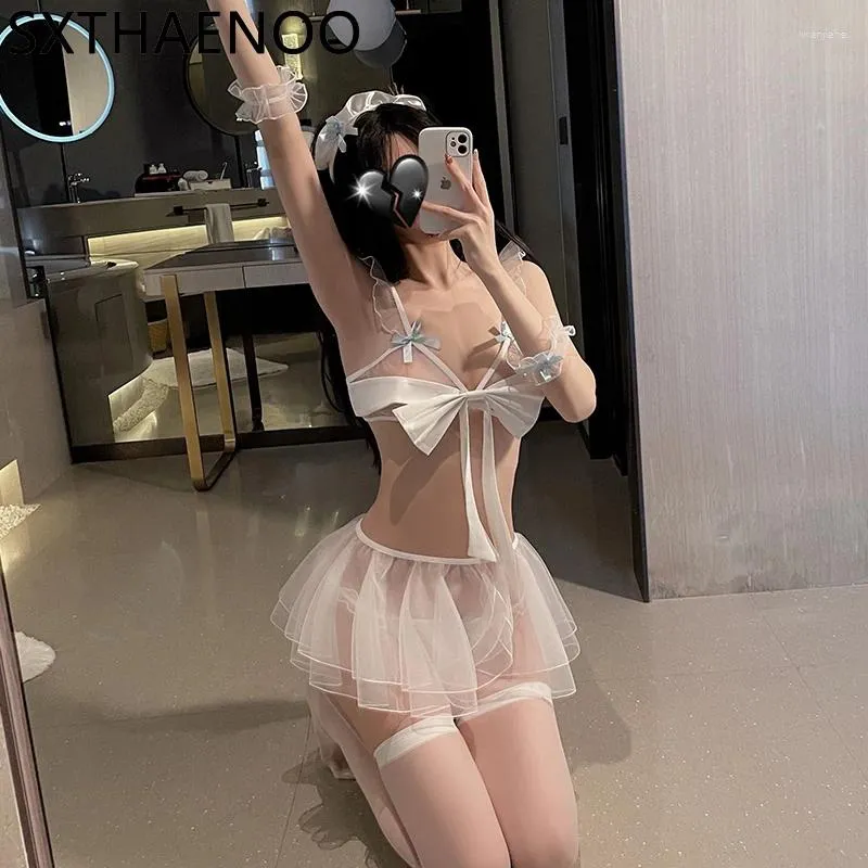 Kvinnors sömnkläder sxthaenoo sexig cosplay vita piga underkläder för kvinna erotiska bågdräkter rollspel spel klänning transparent gasväv mini