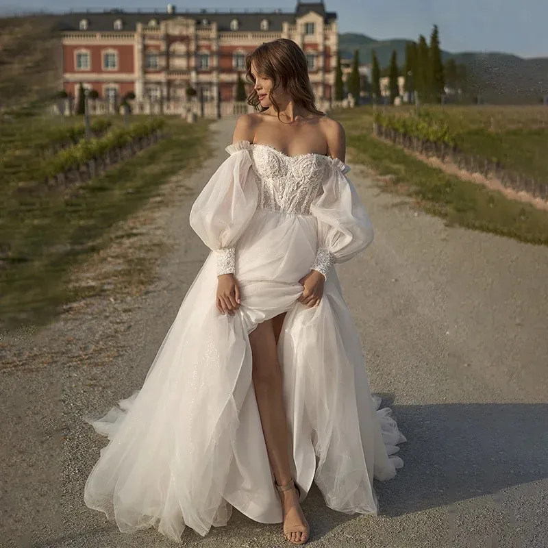 Sexy Off épaule en dentelle Applique Robe de mariée de plage Boho Side High Slit Floral Bridal Vetestidos sans novia