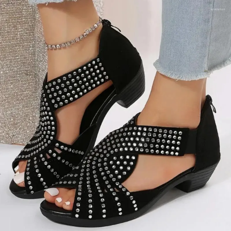 Elbise Ayakkabı 2024 Moda Konforlu Sandalet Kadınlar Rhinestone Fermuar Kristal İç Mekan Açık Ayak parmağı