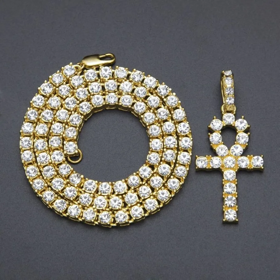 Heren ijsketen Egyptische Ankh Key Pendant ketting Hip Hop Jewelry Rhinestones Crystal Cuban Link Gold Chains2376