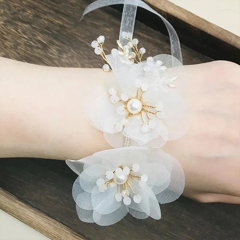 Bangle Pearl Crystal Wrist Corsage Bridesmaid Children's Hand Flower Marriage Beautiful Bride Wedding Bracelets Girls Jewelry