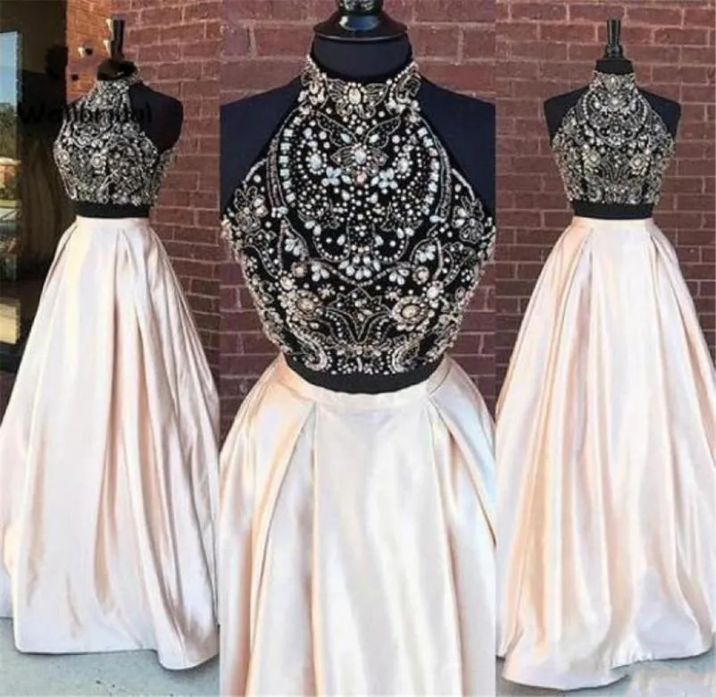 2020 Sparkly Two Pieces Prom Dresses High Neck Beading Crystal Floor Length Black Girl African sweet 16 Cheap A Line Party Evening2794055