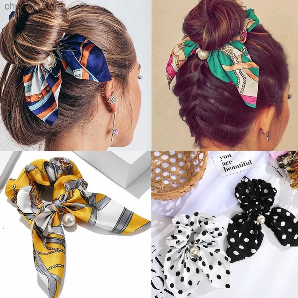 Haarrubberbanden Nieuwe Chiffon Bow Silk Hair Accessories Dames Pearl Ponytail Haarclip Tie Haar touw Rubberhoofdband Y240417