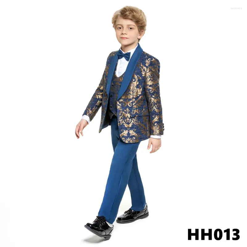 Blazer de haute qualité pour enfants pour enfants 2024 garçons Tuxedo Gold Print Jacket Pant Veste Gire à noeud papillon Four pack Wedding