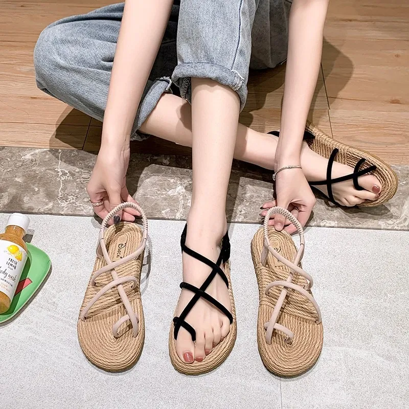 Sandaler Womens Fairy Style Trendy New Summer Fashion Casual Internet Celebrity Lace-up Roman Slippers Ins Tide Flats Shoes For Ladies A092