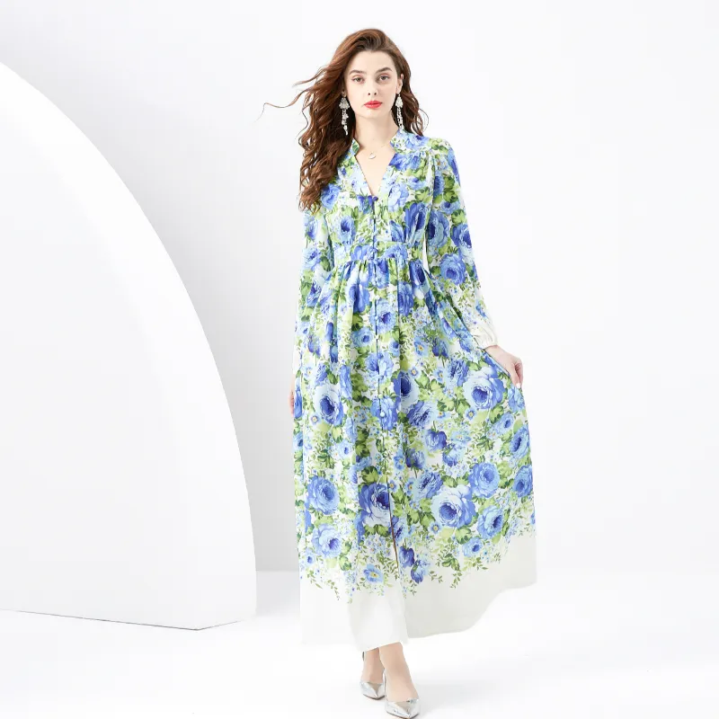 Designer Casual Party Floral Maxi Dress V-neck Long Sleeve Women Printed Cardigan Shirt Dresses Runway Elegant Belt A-line Beach Resort Cocktail Robes Clothes 2024