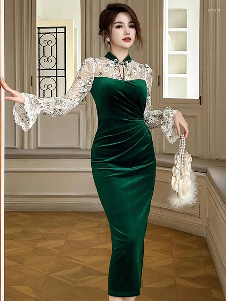 Casual Dresses Celebrity Vintage Prom Women Luxury Sexy Qipao Green Sheer Lace Hollow Folds Long Robe Party Cheongsam BanquetVestidos