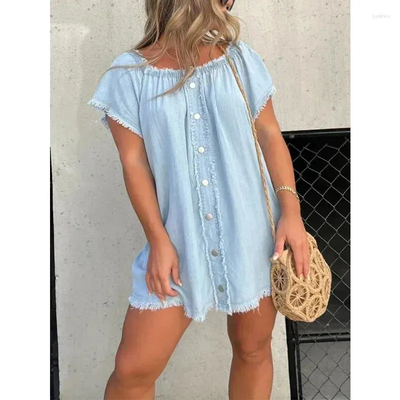 knee length dresses for ladies Petite Denim Dress for Women with Short Sleeves
