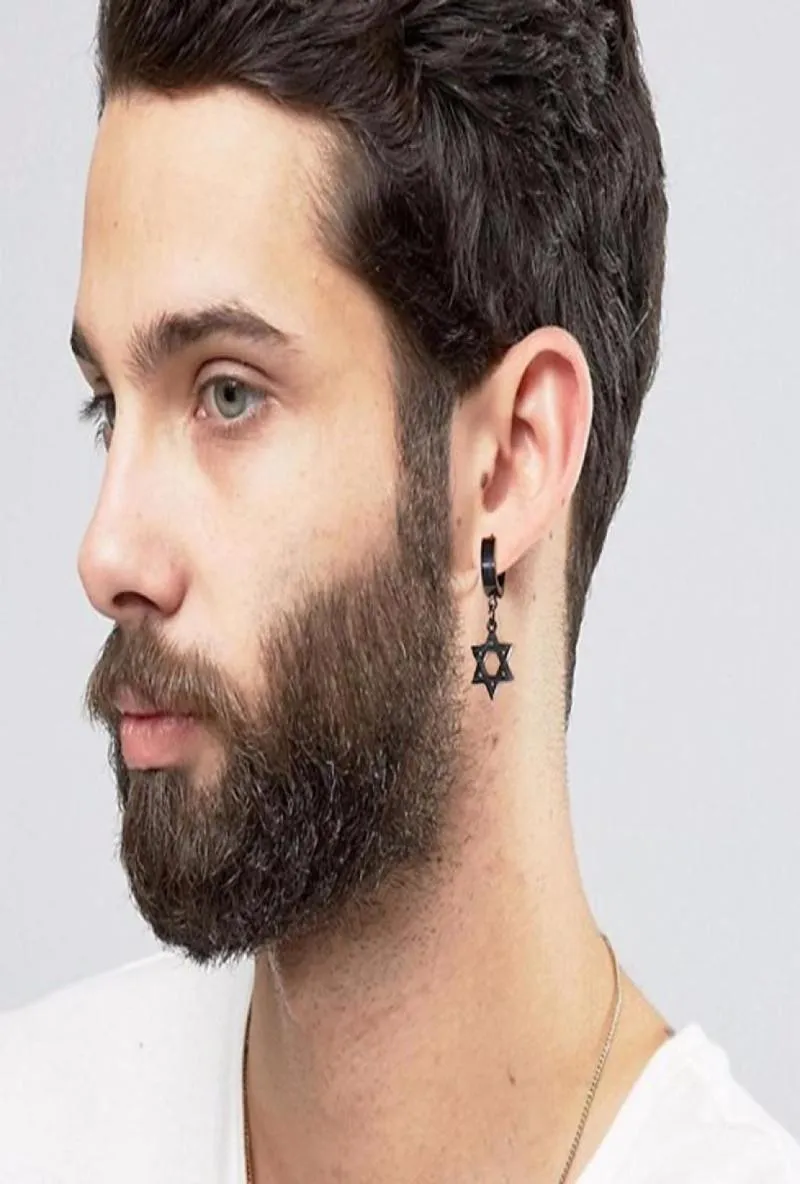 Black Star of David Cross Circle Boucles d'oreilles pour les hommes en acier inoxydable Bijoux masculin juif parfait pour toute occasion1691847