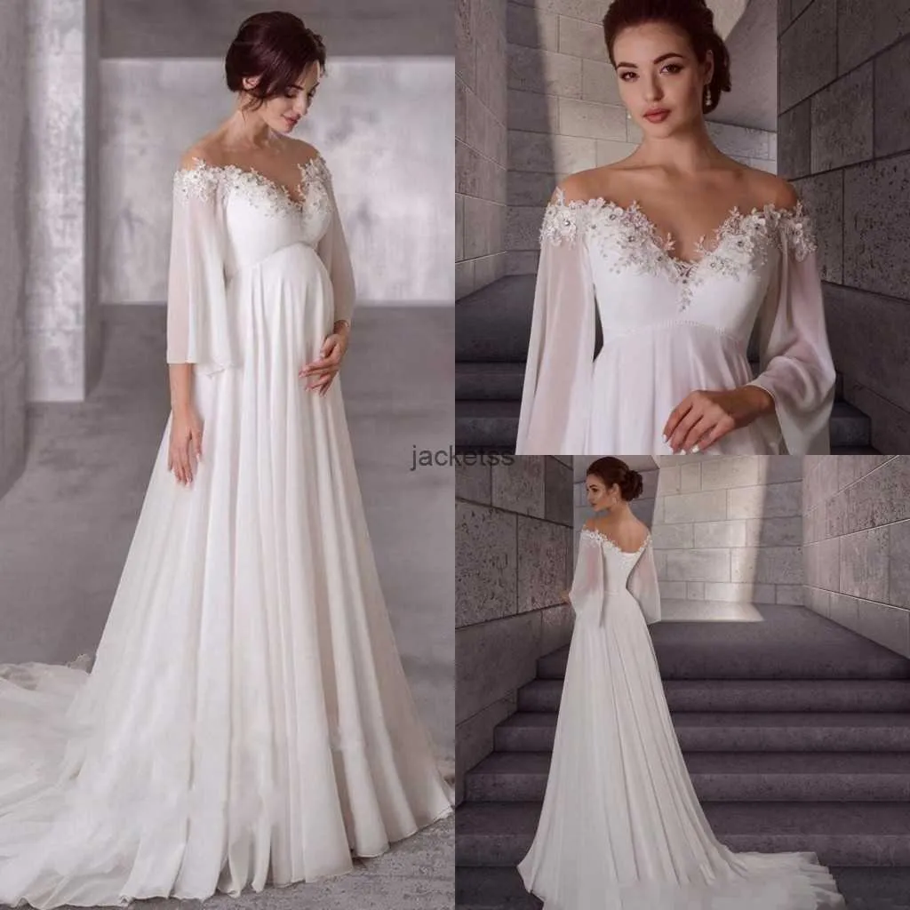 Maternity Chiffon Wedding Dress 2023 Long Sleeves Bohemian Pregnant Bride Gowns Elegant Simple Robe De Mariage