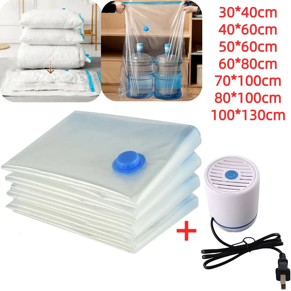 6Pcs Vacuum Storage Bags with Pump Transparent Folding Compressed Space Saving Vacuum Bag for Clothes Large Travel Container 240415