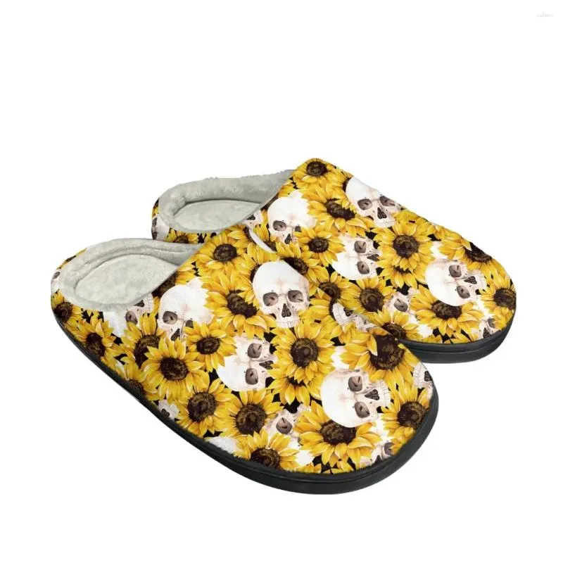 Pantoufles effrayantes de tournesol du skull motif femmes hommes hommes d'automne d'hiver coton pantouple extérieur extérieur imprimé en peluche non glipt à la demande