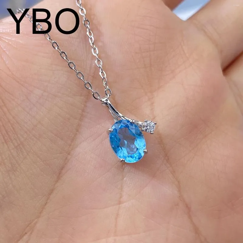 Anhänger YBO Luxusschmuck Natural Oval Blue Topaz Halsketten Sterling Silber 925 Einfacher Anhänger Schlüsselbeinketten Lady Hochzeitsfeier Juwel