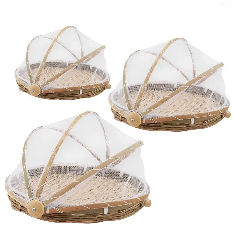 Juegos de vajillas 3 PC Cesta de pan de pan Reduce Dust Pan de mesa al aire libre Cubierta de mimbre Mesh Bamboo