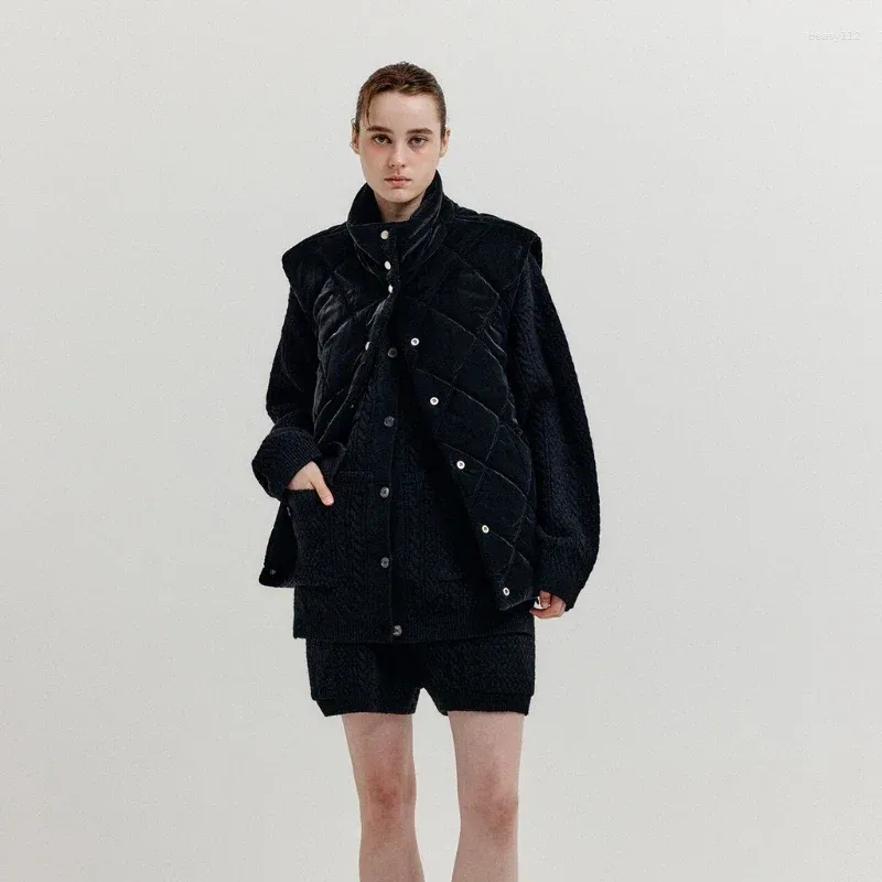 Women's Vests Women Winter Style Black Rhombus Side Slit Quilted Stand Collar Cotton Vest Jacket