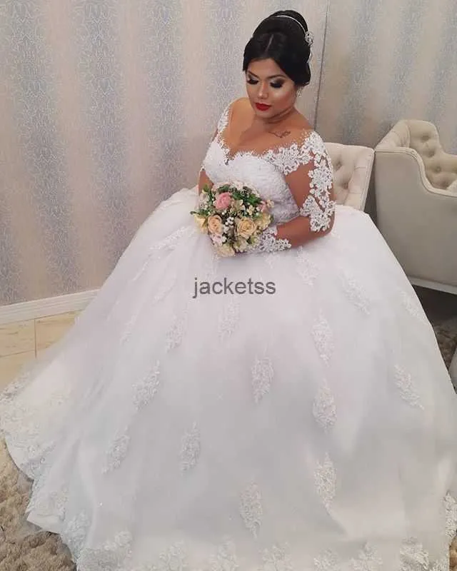 Appliques bianchi in pizzo Abiti da sposa più taglia con perline Scollo Maniche lunghe con pizzo sugli abiti da sposa abiti da sposa Robe De Mariee