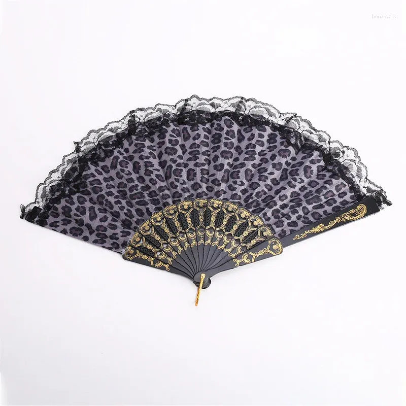 Dekorativa figurer Leopardtryck Small Floral Lace Fan Black Chinese Wind Folding Square Dance Dancing