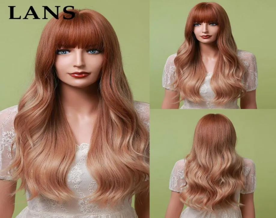Women039s Long Wavy Synthetic Wig Brown med blonda peruker Natural Wave värmebeständig fiber Wig5535501
