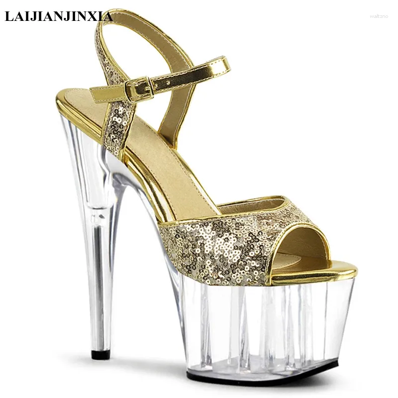 Elbise ayakkabıları laijianjinxia kadınlar yaz sandalet platformu payetler yüksek topuklu 15 cm ince topuklu ziyafet düğün kristal sandal