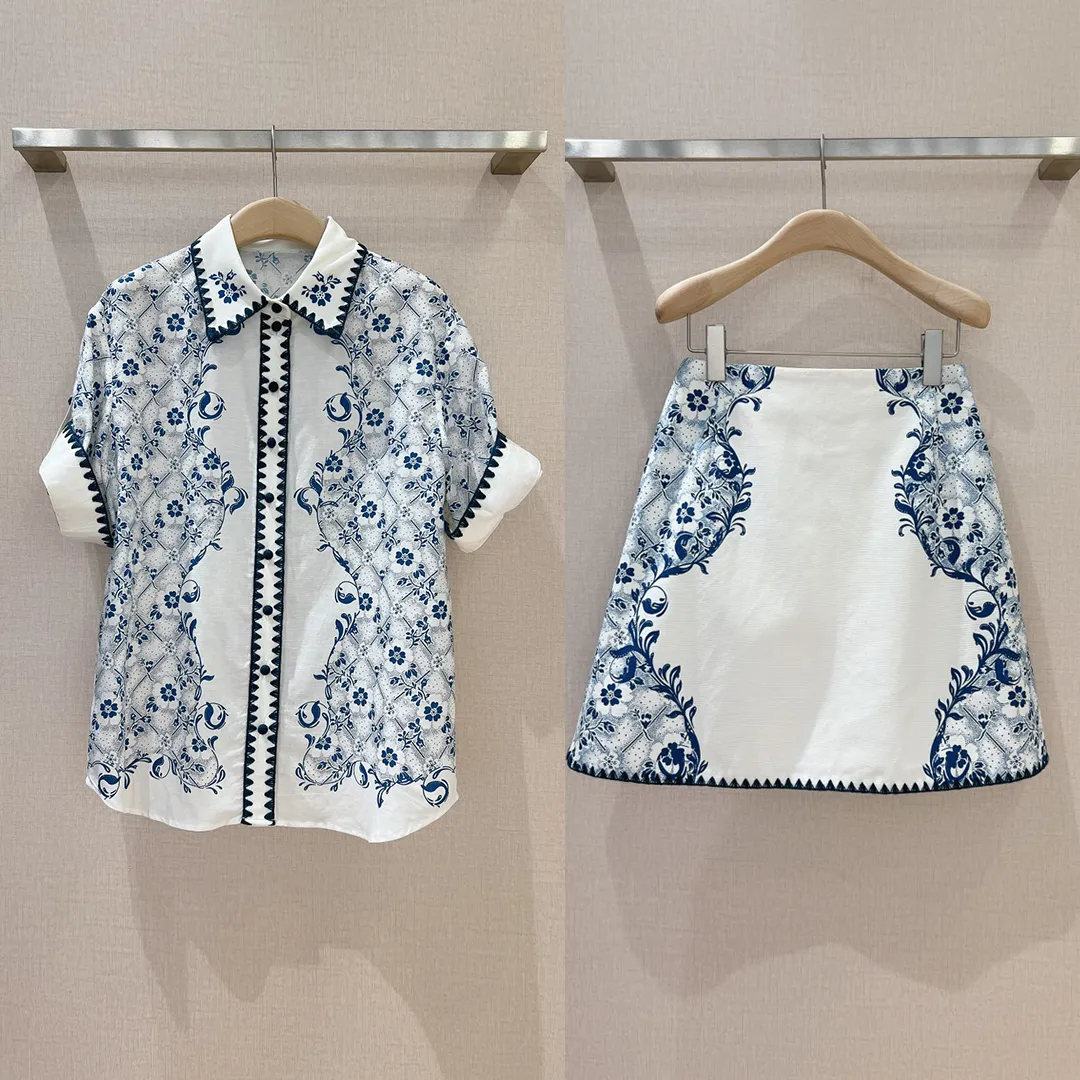 Two Piece Dress White Floral Printed Short Sleeve Shirt med miniklänning