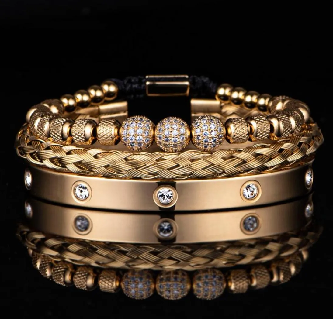 3pcs Luxury Micro Pave CZ Round Perles Royal Charm Men Bracelets en acier inoxydable Crystals Bangles Couple Handmade Jewelry Gift8875912