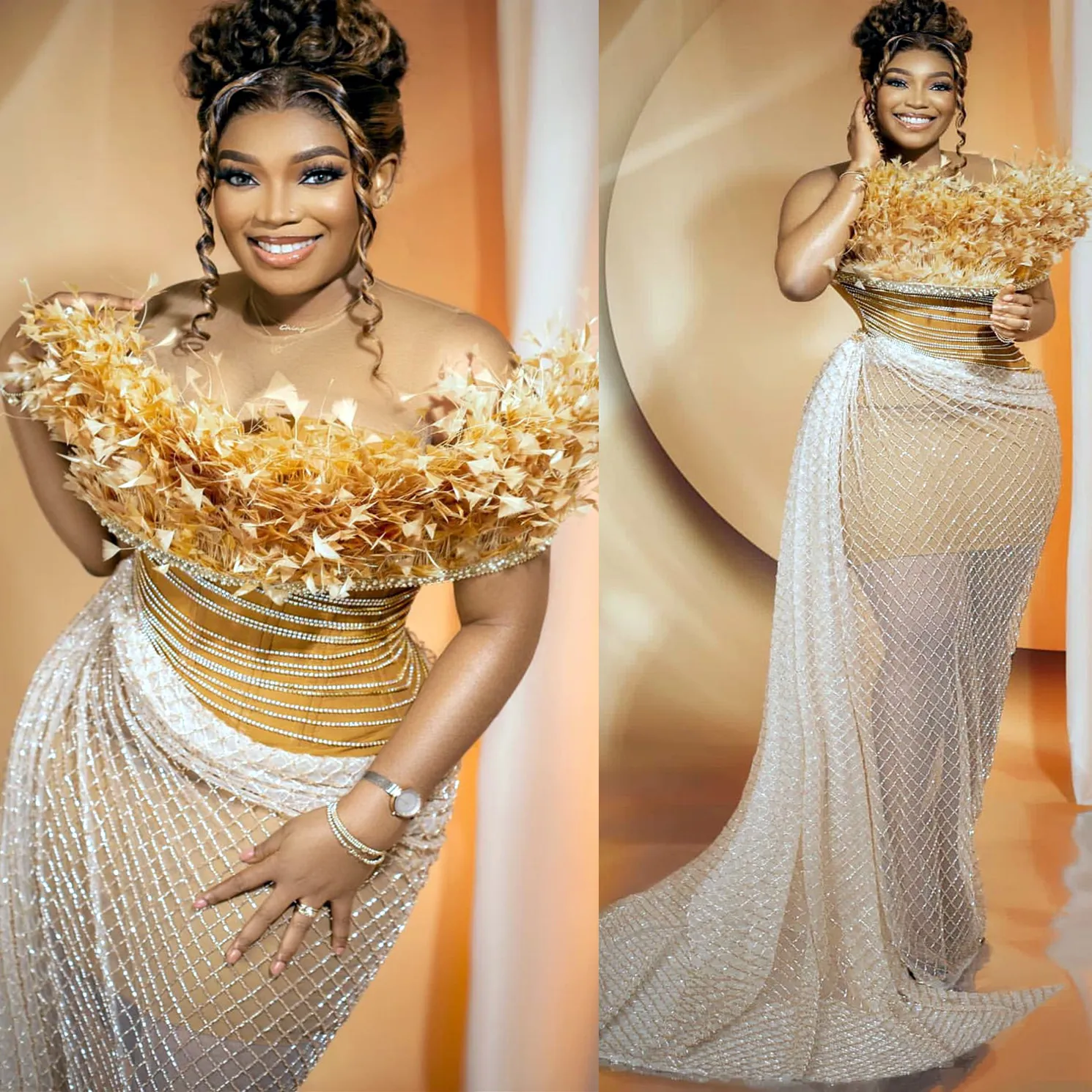 2024 Aso Ebi Gold Illusion Mermaid Prom Dress Sequined Feathers Evening Formal Party Second Reception 50th Birthday Engagement Gowns Dresses Robe De Soiree ZJ4022