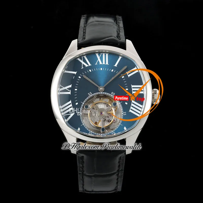 DHgate Mens Flying Tourbillon Mechanical Hand Winding Watch with Steel Case Blue White Roman Dial Black Leather Strap Watches