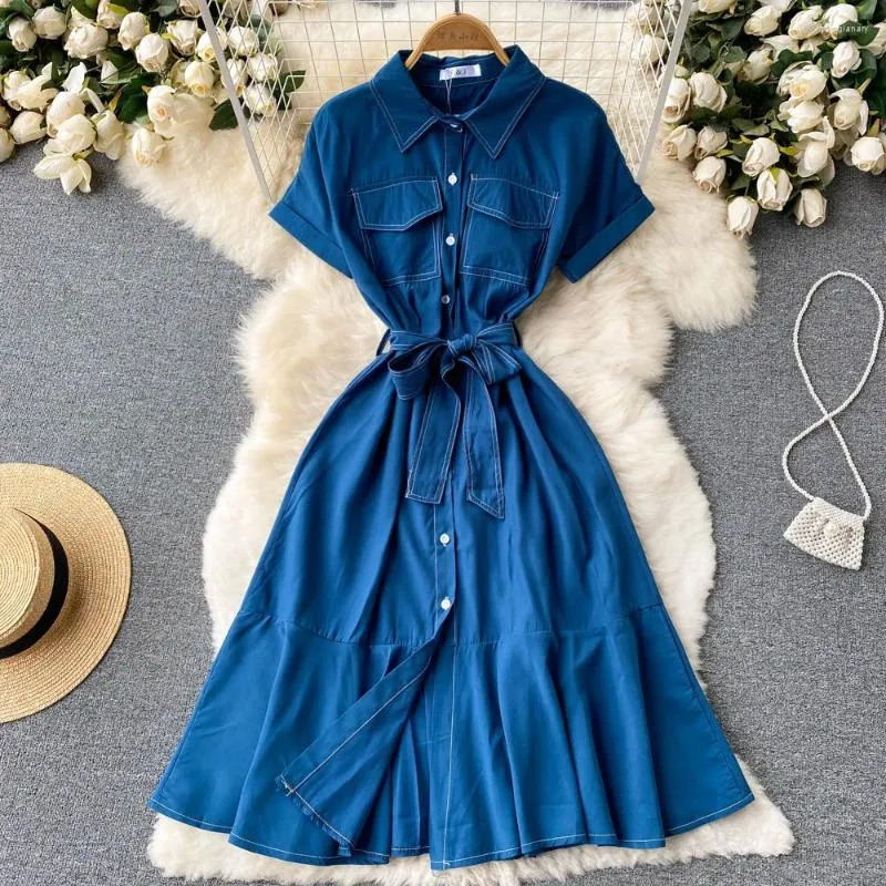 Party Dresses Ladies High Waist With Belt Dress Summer Fashion Casual Lapel Long 2024 Women Elegant Solid Single-Breasted Pocket