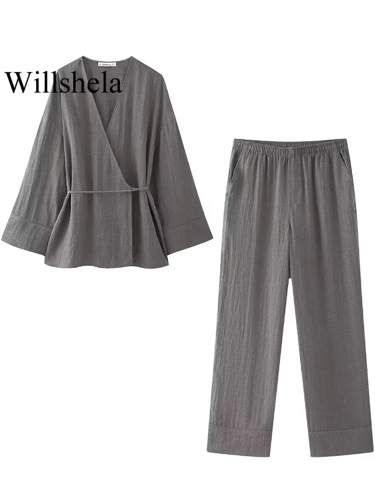 Willshela Women Fashion Two Piece Set Grey Lace Up Loose Coats Vintage High Elastic Taies Pantmand Feamle Chic Lady Pantal