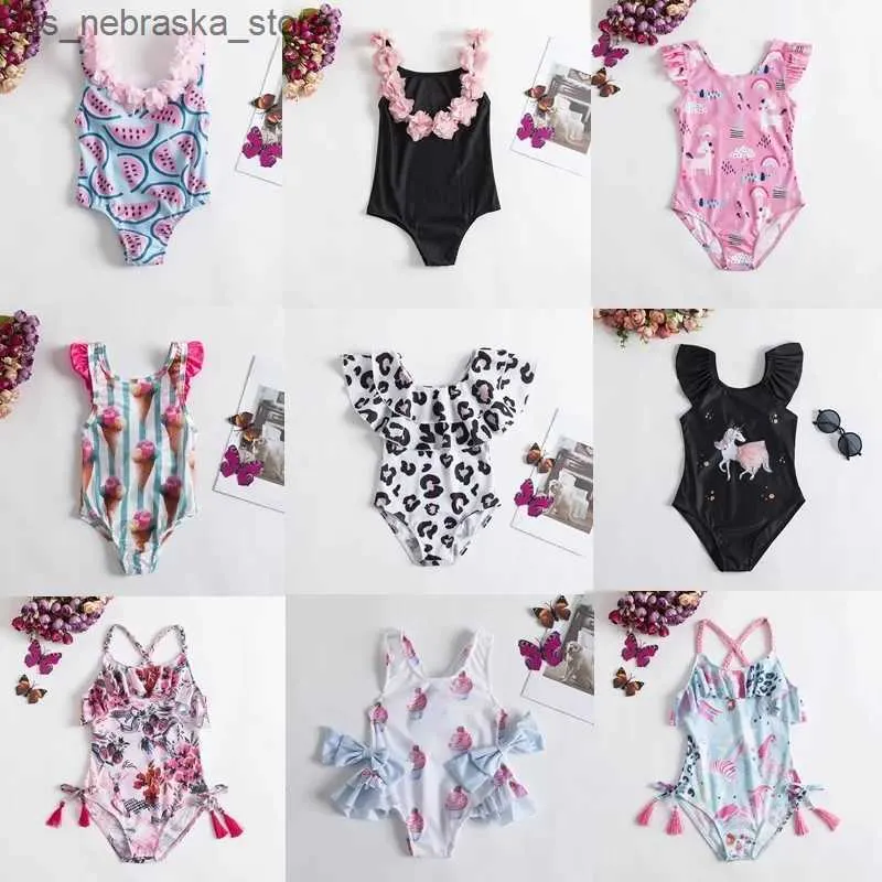 Einszene Baby Badeanzug Baby Badeanzug Kinder Bikini Set Fruchtdruck Faltenkante Schwimmstrandanzug Kinder einteiliger Badeanzug Q240418