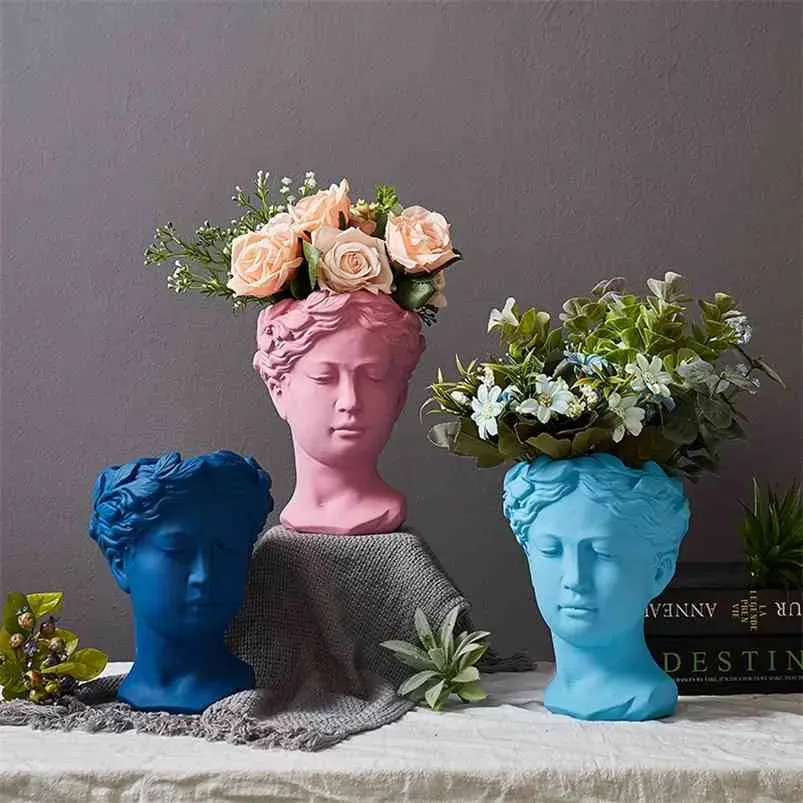 Vases Greek Statue Goddess Flower Pots Head Retro Vase Home Decoration Accessories Ornament Decor Tabletop Decorative 210610