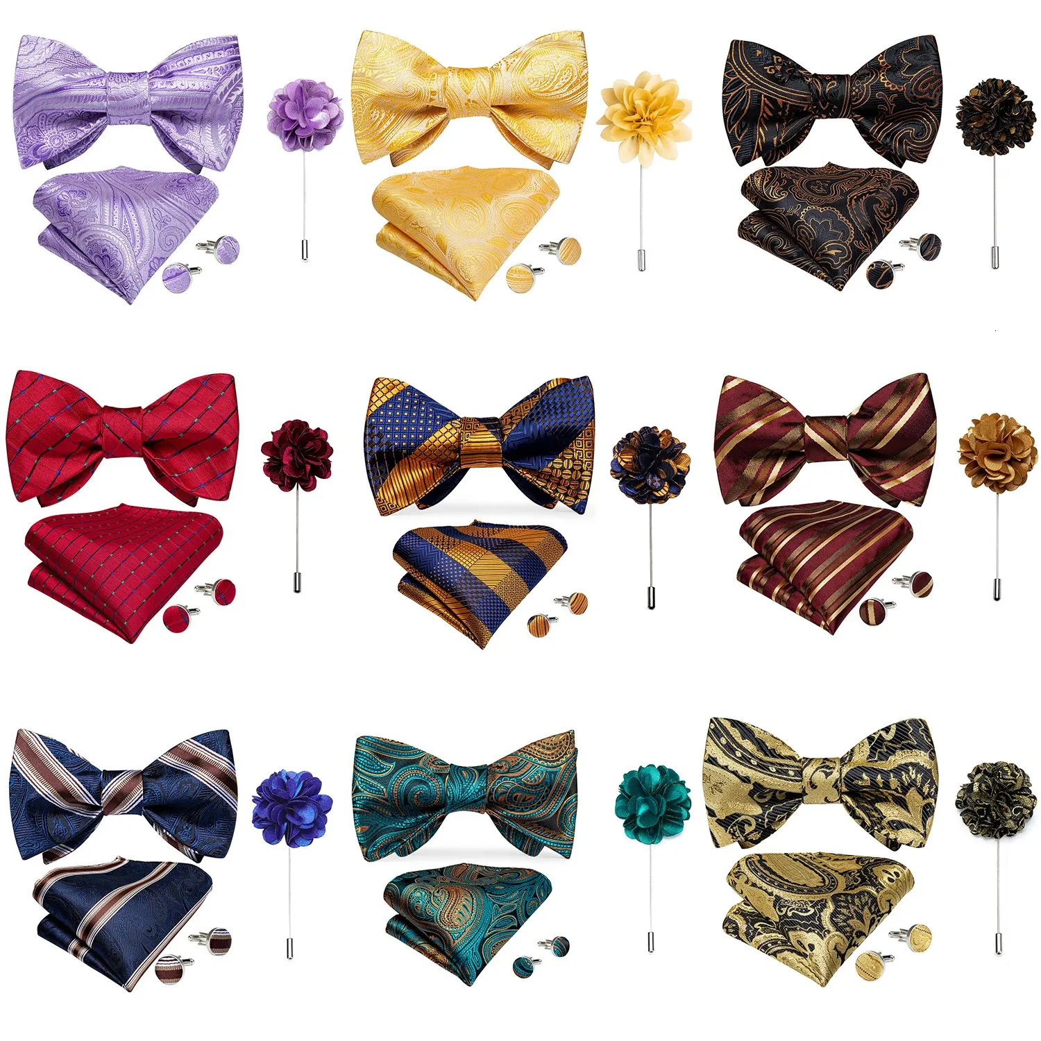 Men Wedding Party Bow Tie Brooch Pin Pocket Square Set Grooms Formal Dress Gold Red Paisley Bowtie Butterfly Tie Bowknot DiBanGu 240418