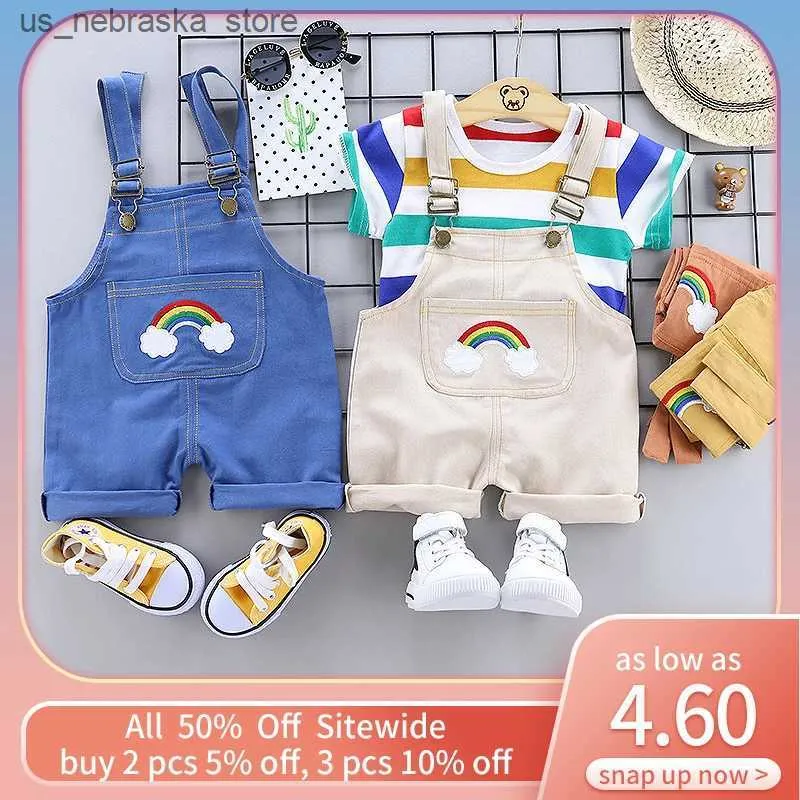 T-shirts 2PCS childrens summer clothing set fashionable rainbow striped T-shirt+full set of pants cotton childrens short sleeved set boys and girls clothing Q240418