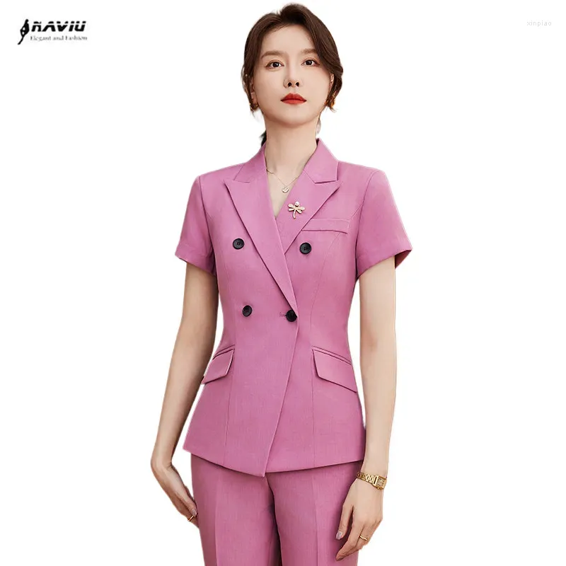Women's Two Piece Pants NAVIU Pink Formal Uniform Design Pant Suits Summer Short Sleeve For Women Professional Office Work Wear Blazer And