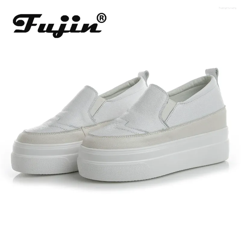 Lässige Schuhe Fujin echte Lederkuh 7cm Plattform Wedge Women Chunky Sneakers auf verstecktes Absatz wasserdicht vulkaniert