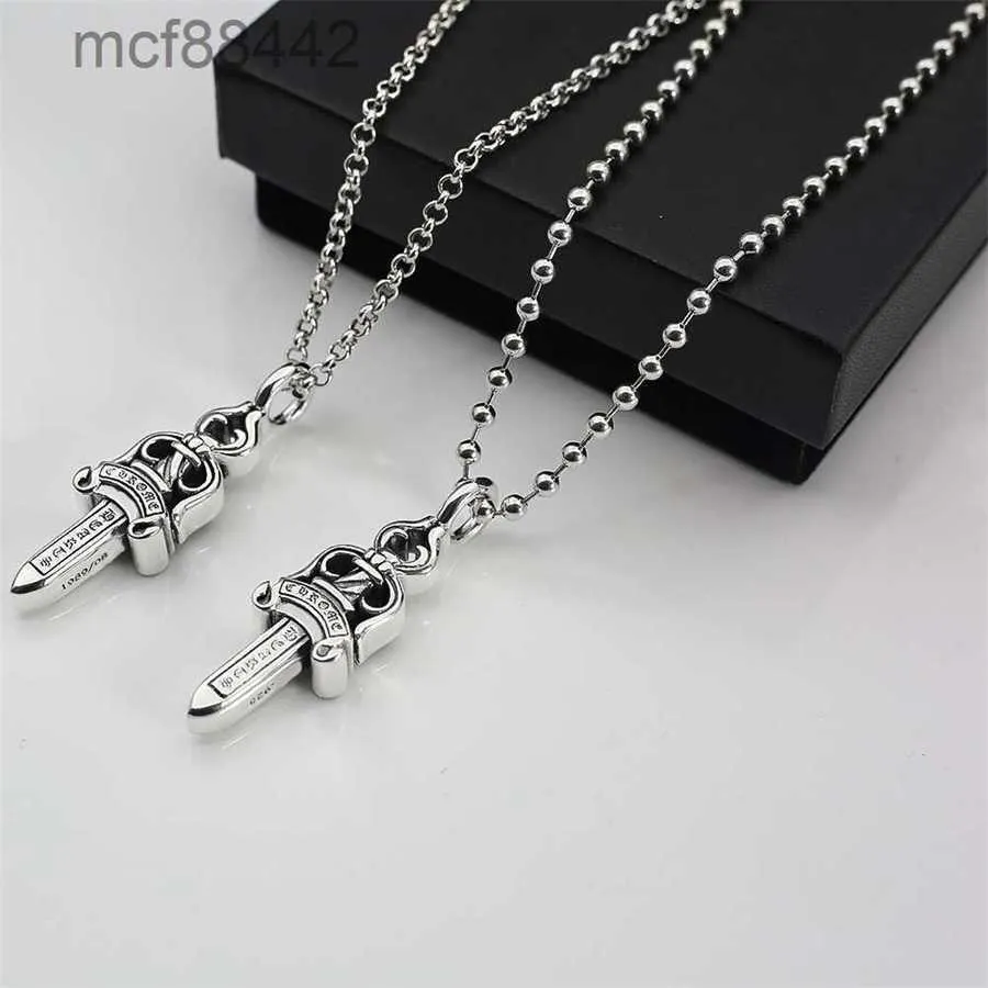 American Style Trendy Hip-hop Punk Distressed Thai Silver Personalized Double-sided Sword Pendant Pearl Round Bead Necklace High-end