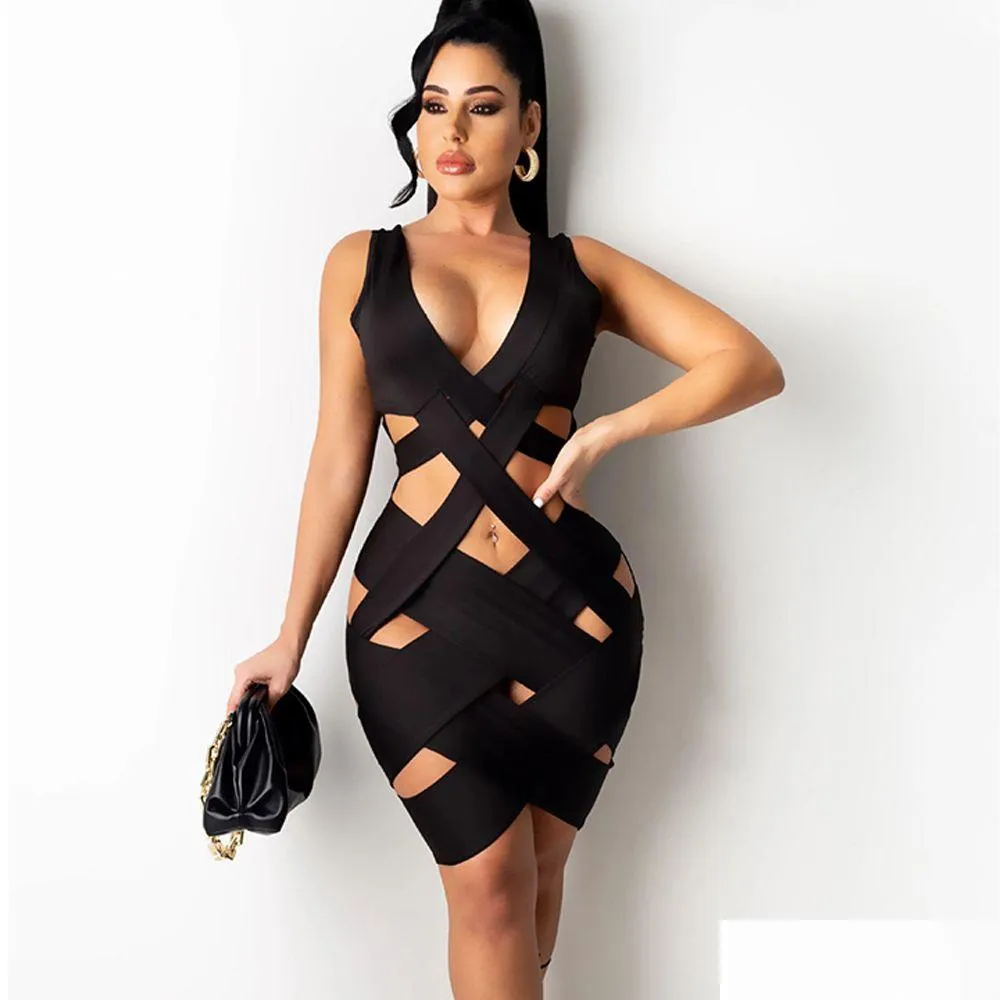 Basic Casual Kleider hohl aus Neck y Kleid Frauen neue Sommer -Webe -ärmellose Rückenless Verband weibliche Party Clubwear Bodycon Min DHSO8